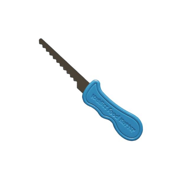 Kid's safety knife with blue handle and Kiddies Food Kutter logo