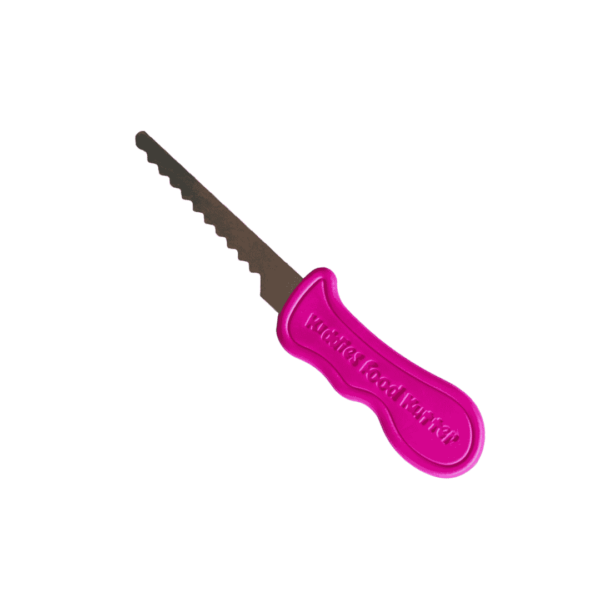 Kid's safety knife with pink handle and Kiddies Food Kutter logo
