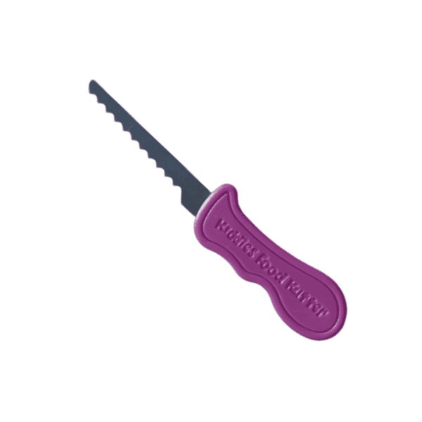 Kid's safety knife with purple handle and Kiddies Food Kutter logo