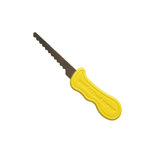 Kid's safety knife with yellow handle and Kiddies Food Kutter logo