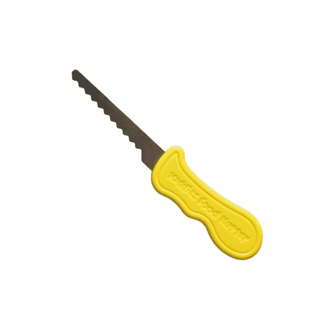 Kid's safety knife with yellow handle and Kiddies Food Kutter logo